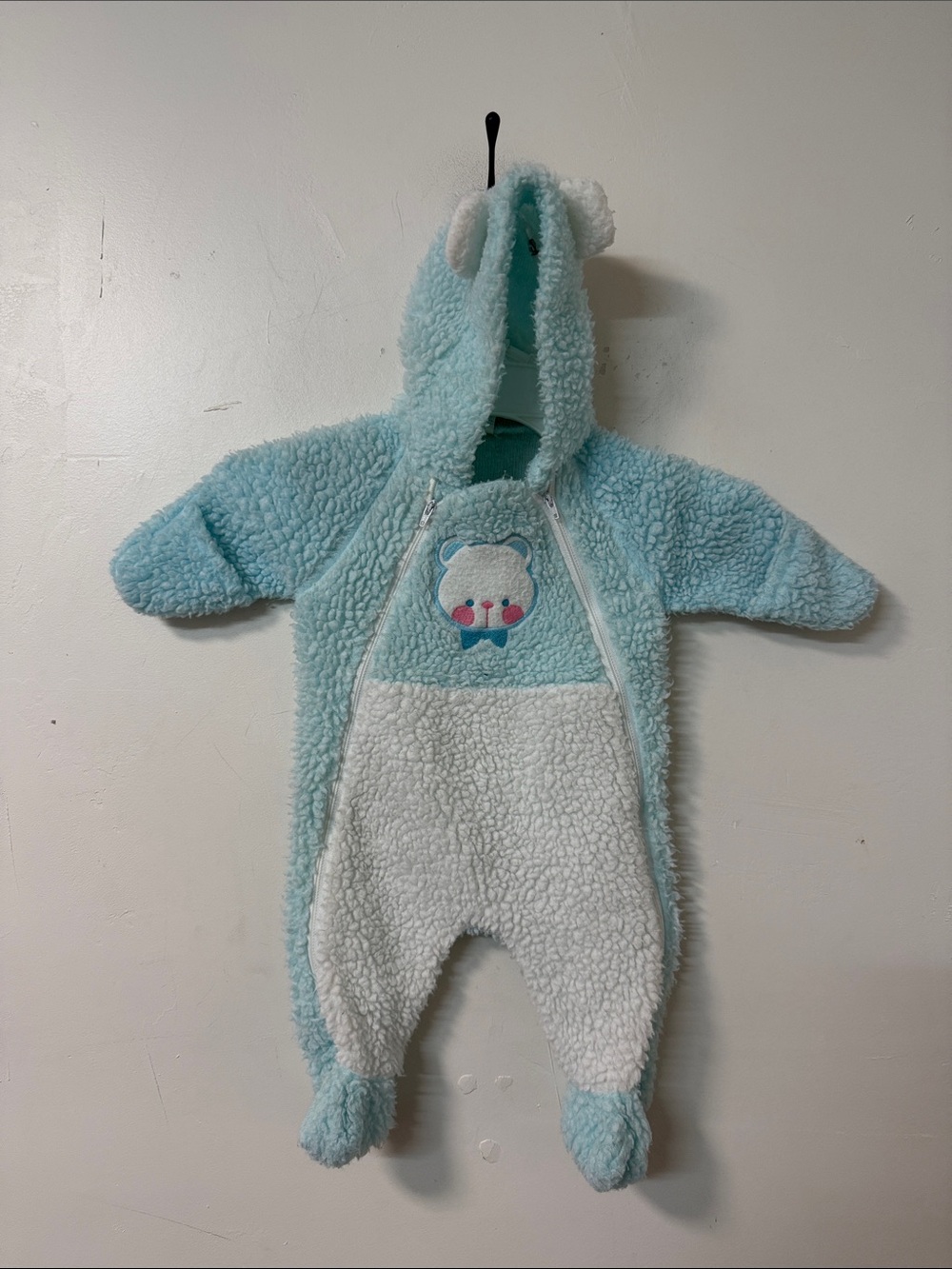 Plush Light Blue & White Hooded Baby Footie